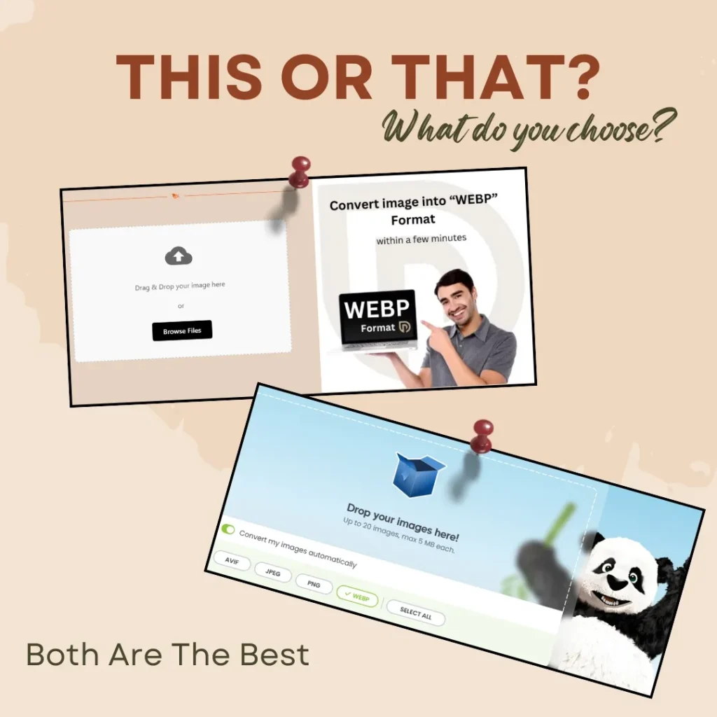 Two posters demonstrating the features and functionality of an image converter tool that converts JPG and PNG files to WebP format.