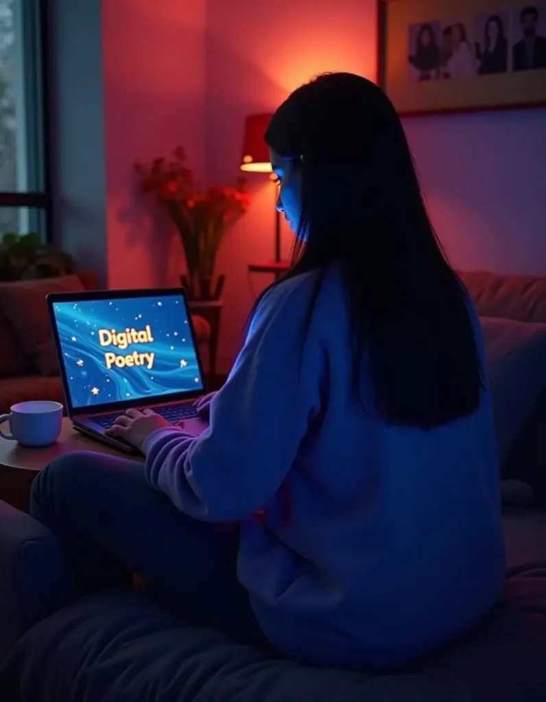 a girl with laptop ,digital poetry is written on the screen .