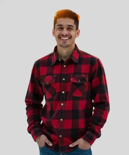 Casual young man with a bright smile, dressed in a red shirt